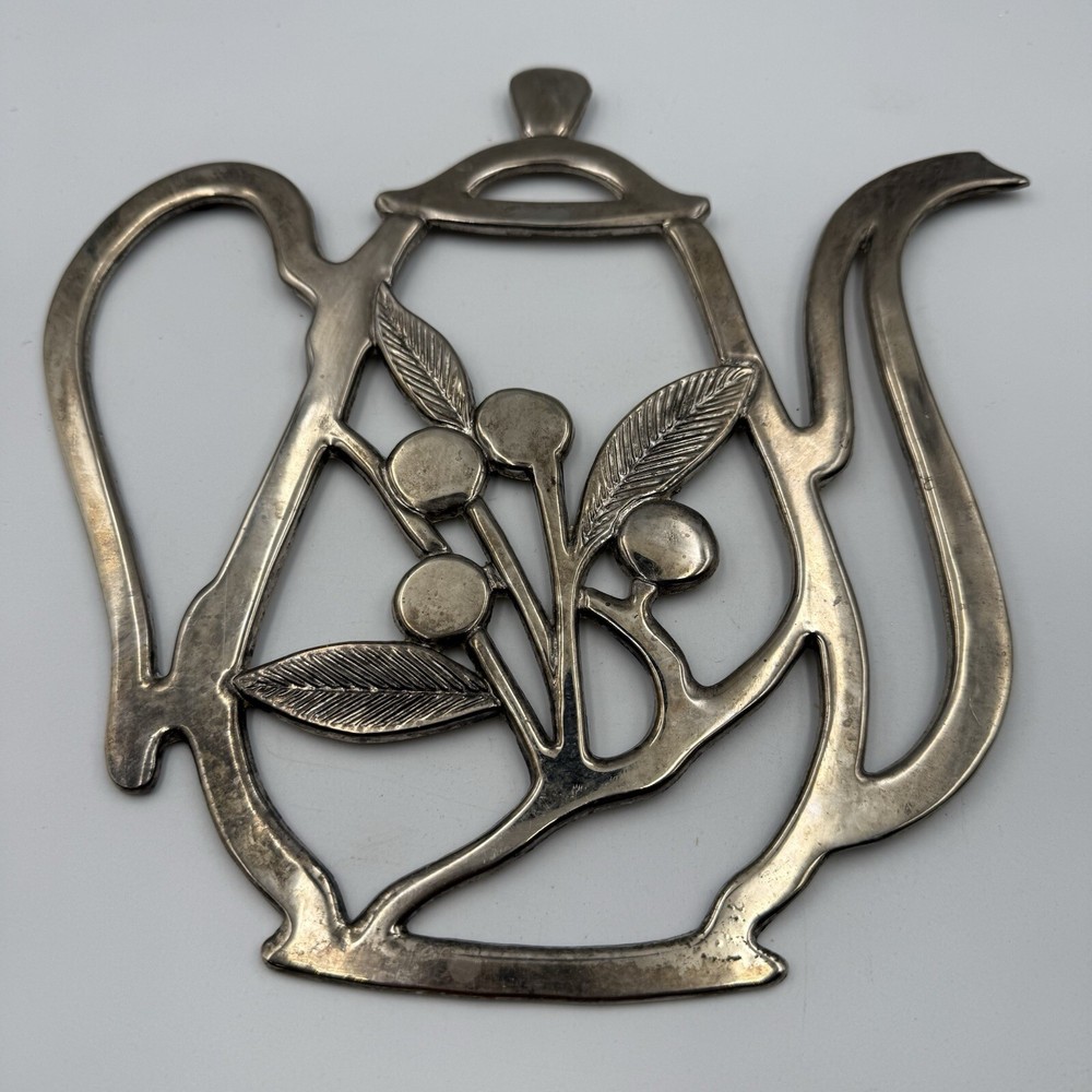 DECORATIVE TEAPOT SHAPE TRIVET SILVER PLATED KITCHEN DECOR SILVERPLATE TEA POT