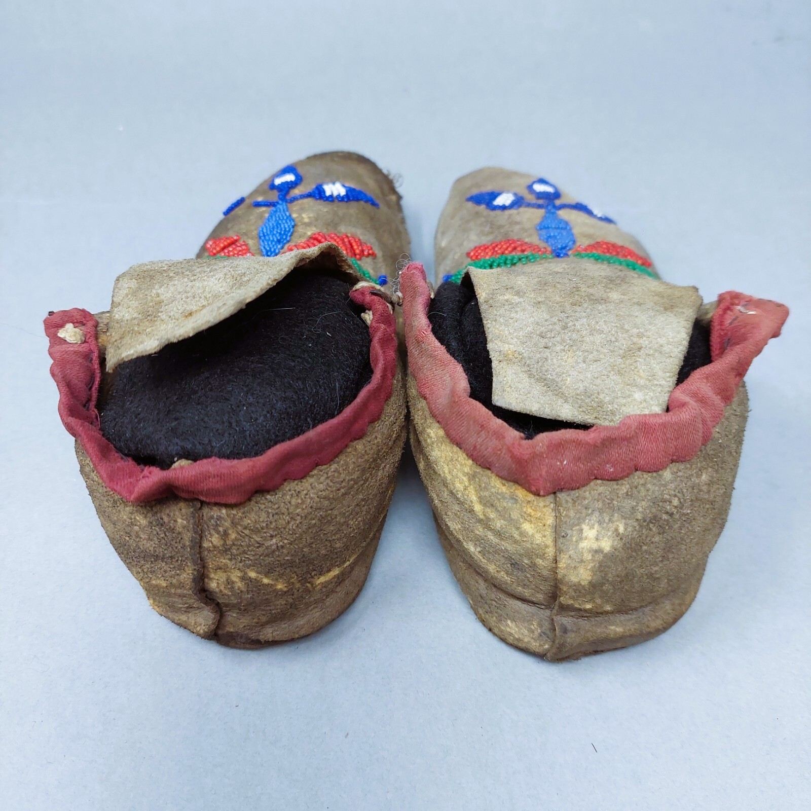 Santee Sioux Blue, Green, Red Childs Moccasins Ca: 1880 Sinew & Thread Sewn