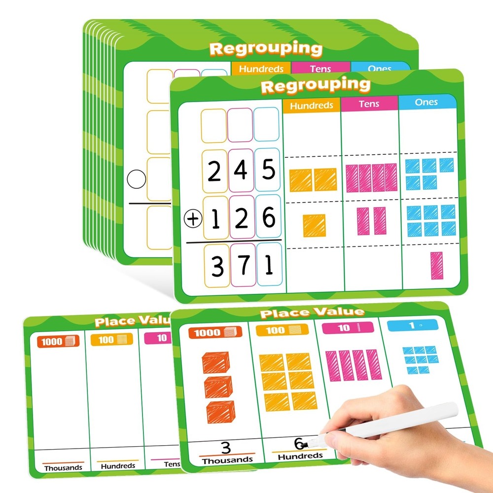 12 PCS Place Value Chart Dry Erase Flash Cards, Addition and Subtraction Lear...