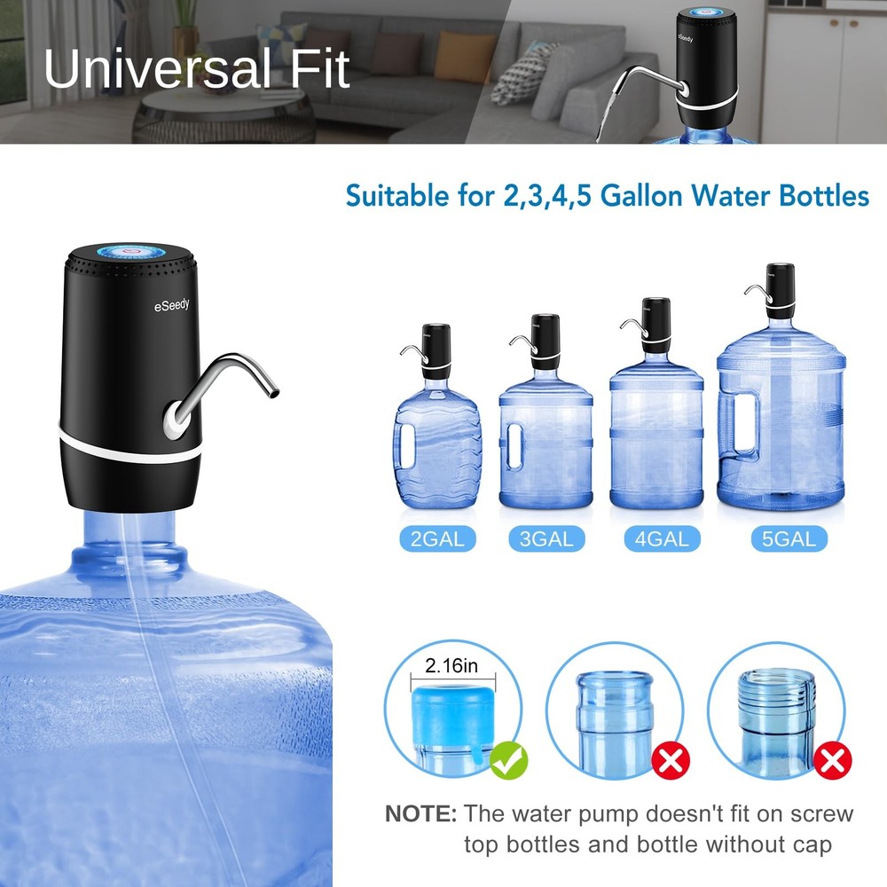Automatic USB Rechargeable Water Pump for 5 Gallon Bottles - Black