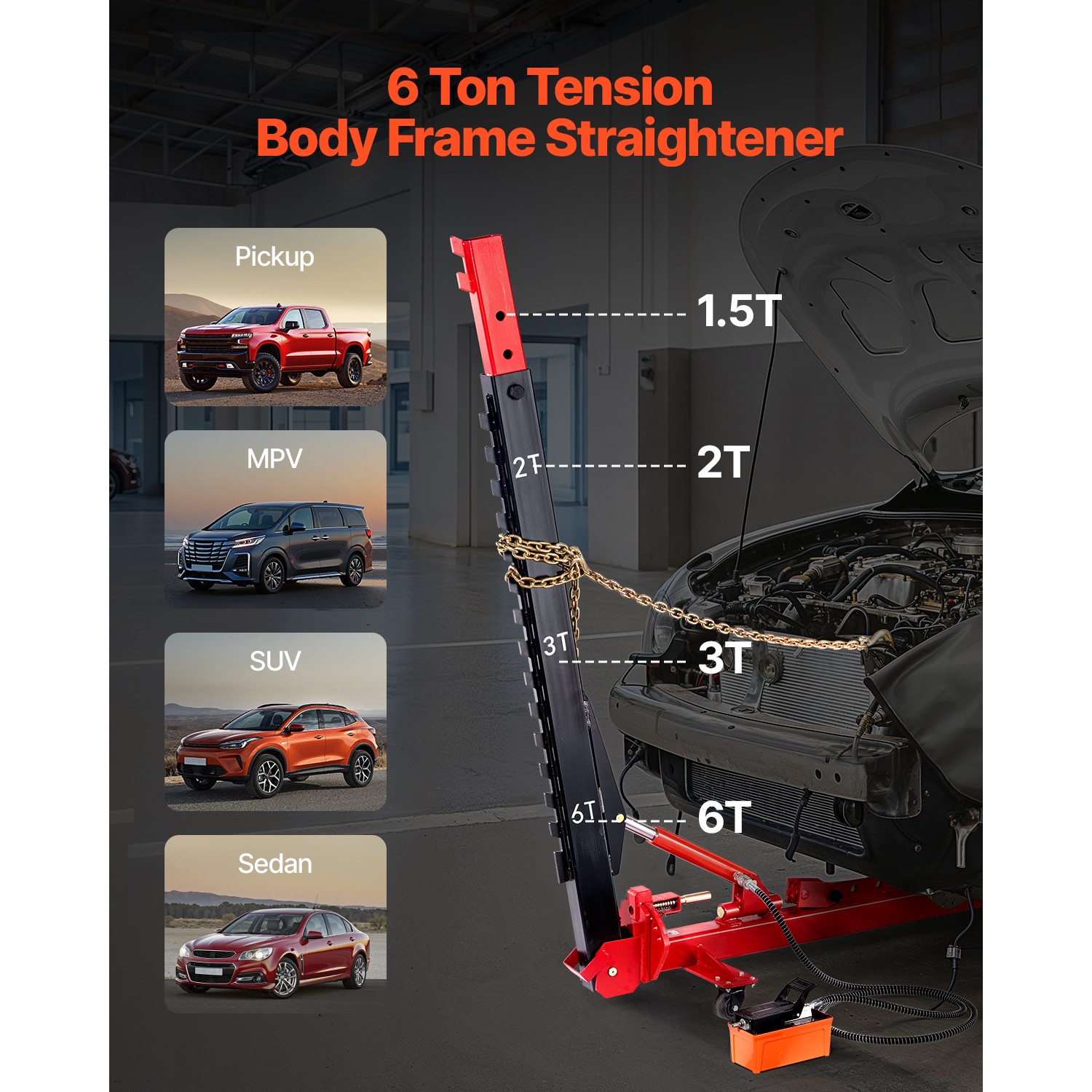 Auto Body Frame Puller Straightener 6T Car Frame Machine 6000PSI Foot Pump