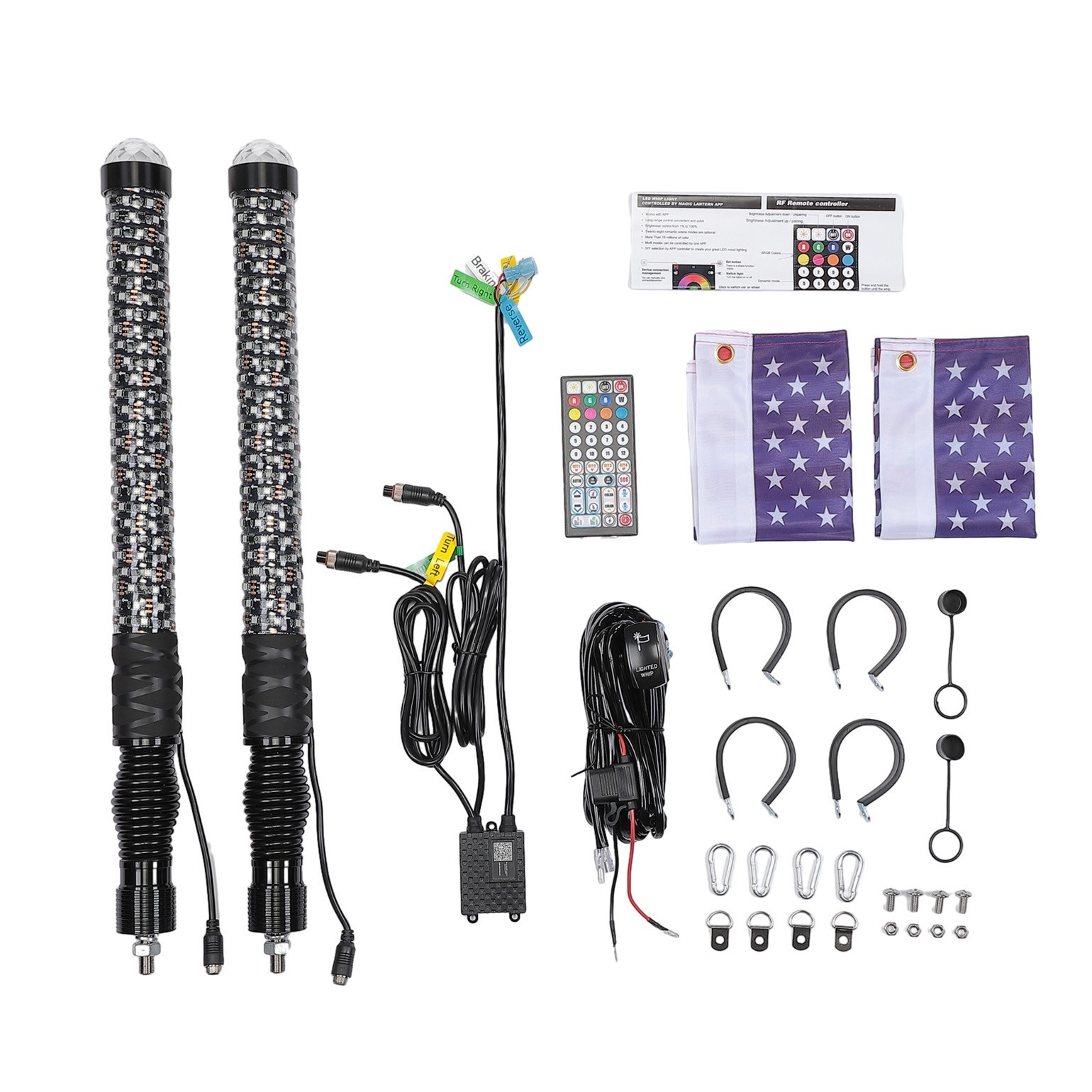 2PCS 2FT Fat Whip Lights LED Spiral Chasing Lighted w/ Warning Light for X3 RZR