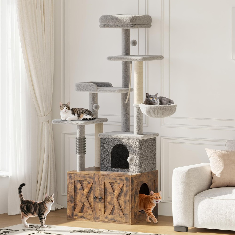 Hidden Litter Box Cat Tree, Multi-Level Tower, Scratching Post, Dangling Balls