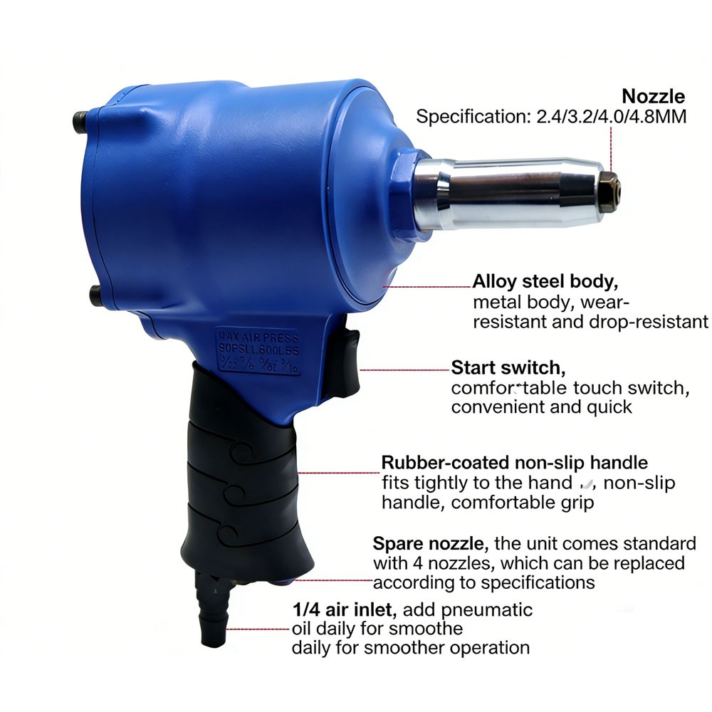 Quick-Release Pneumatic Rivet Gun with Large Three-Jaw Rivet Holder