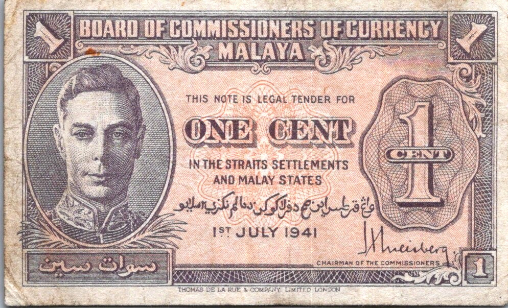 Malaya 1 Cent 1941 Pick # KNB6 VF