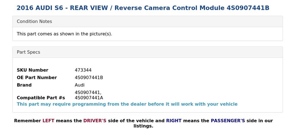 2016 AUDI S6 - REAR VIEW / Reverse Camera Control Module 4S0907441B