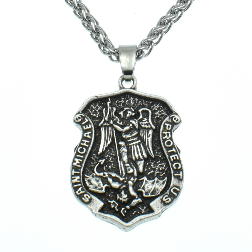 Archangel Saint St Michael Protect Us Medal Shield Pendant Necklace w 20" Chain