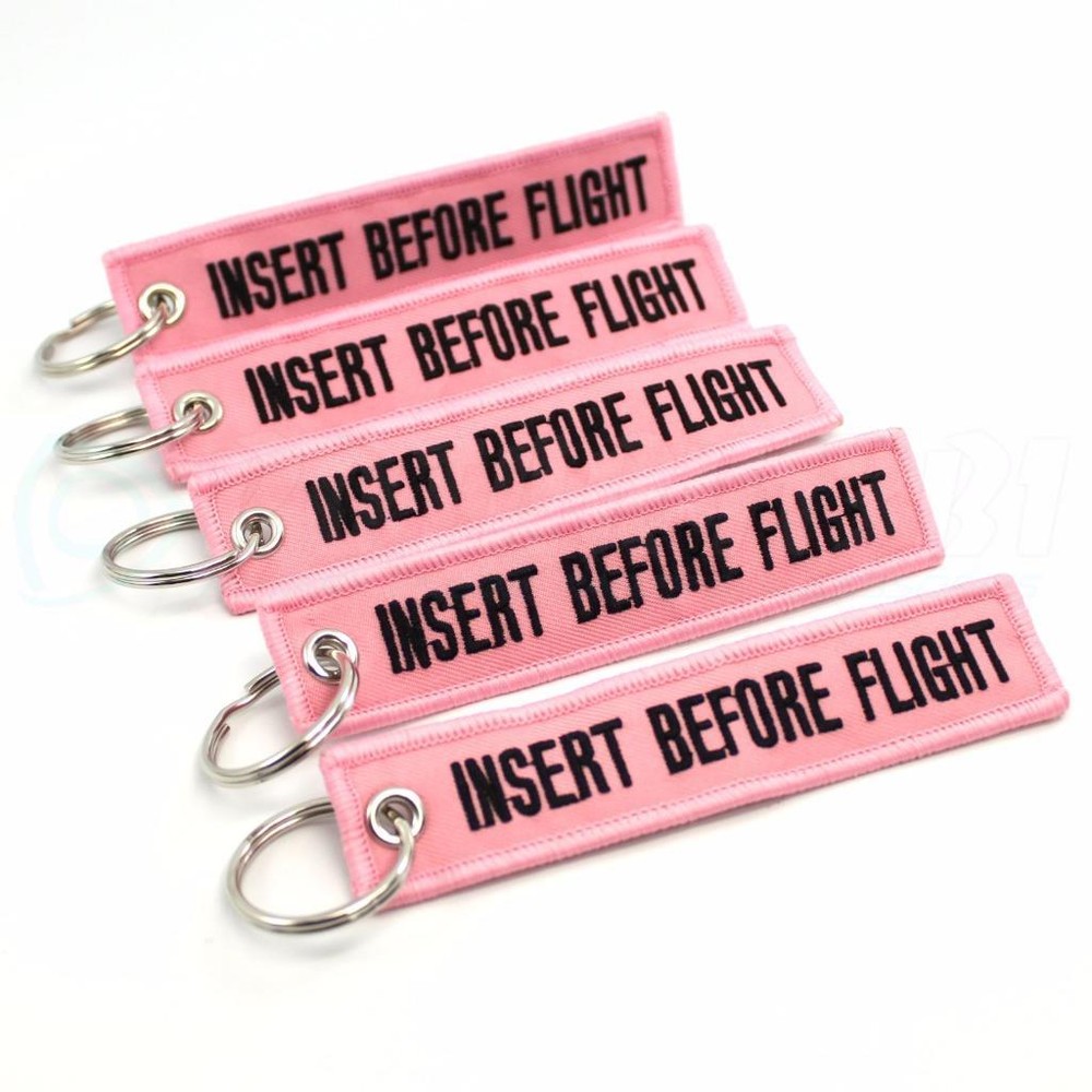 INSERT BEFORE FLIGHT QTY= 5 PCS PINK/black KEYCHAINS RING TAGS CABIN CREW