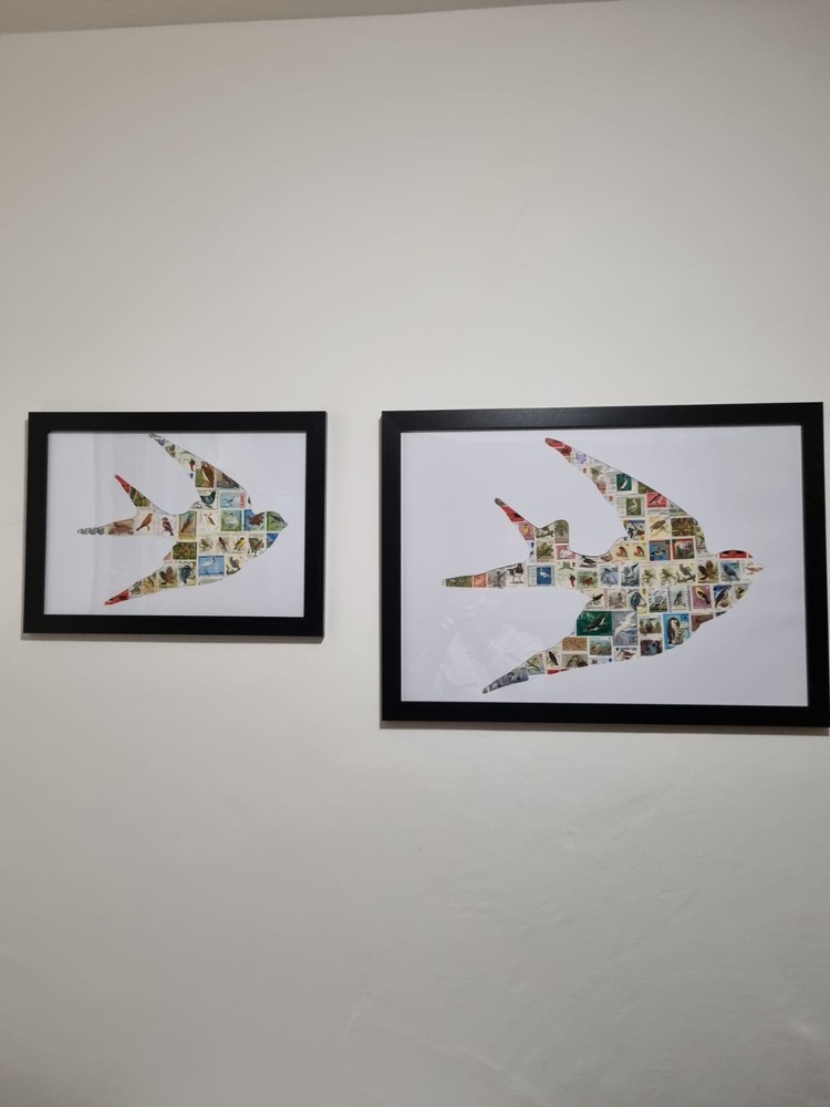Birds postage stamp collage art frame