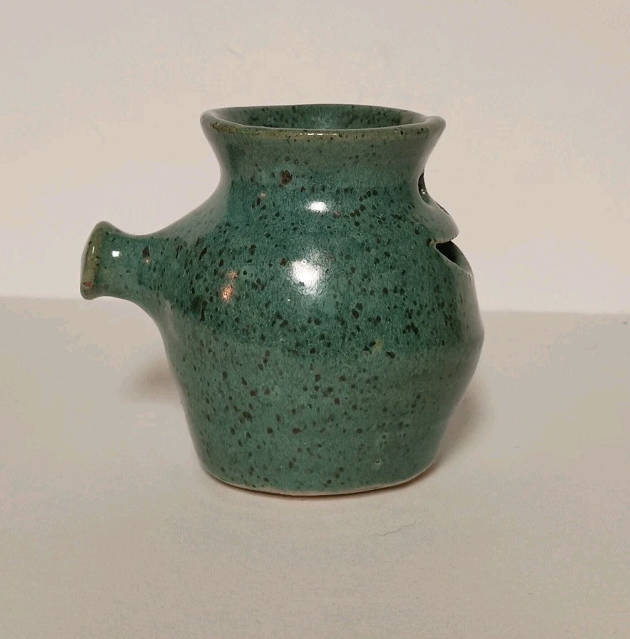 Smiley Face Stoneware Pottery Egg Separator With Handle Signed DB