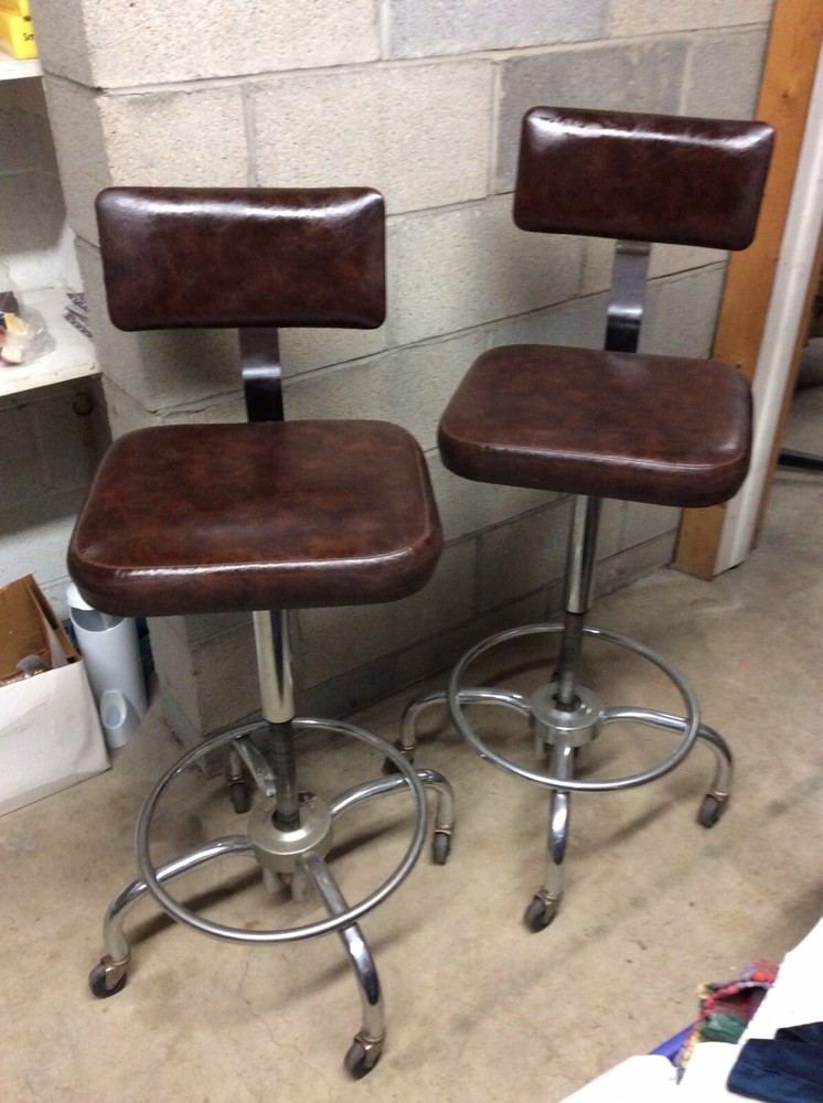2 Same Vtg Industrial Stools - Adjust 22” To 30” - Backrest Adjust  2 Directions