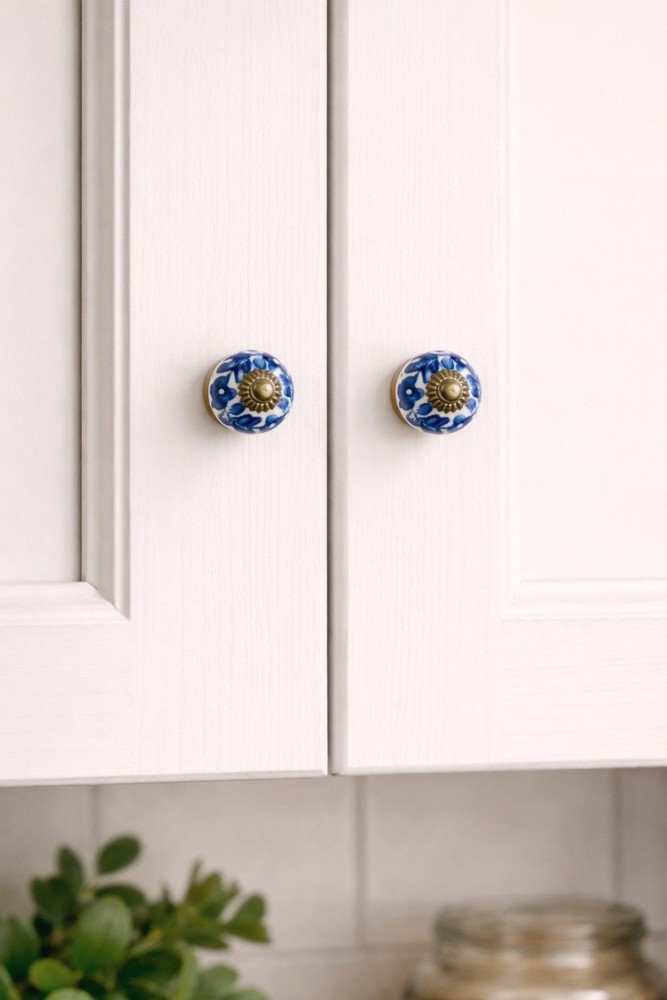2 White Blue Antique Ceramic Porcelain Brass Drawer Cabinet Knobs Pulls 1.25"