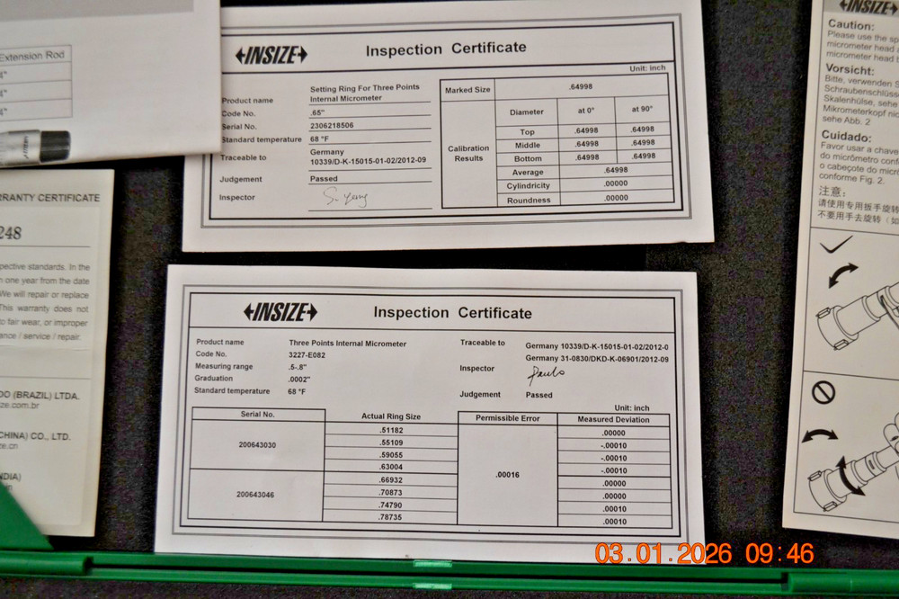 INSIZE Three Points Internal Inside Micrometers 3227-E082 Range .5-.8"