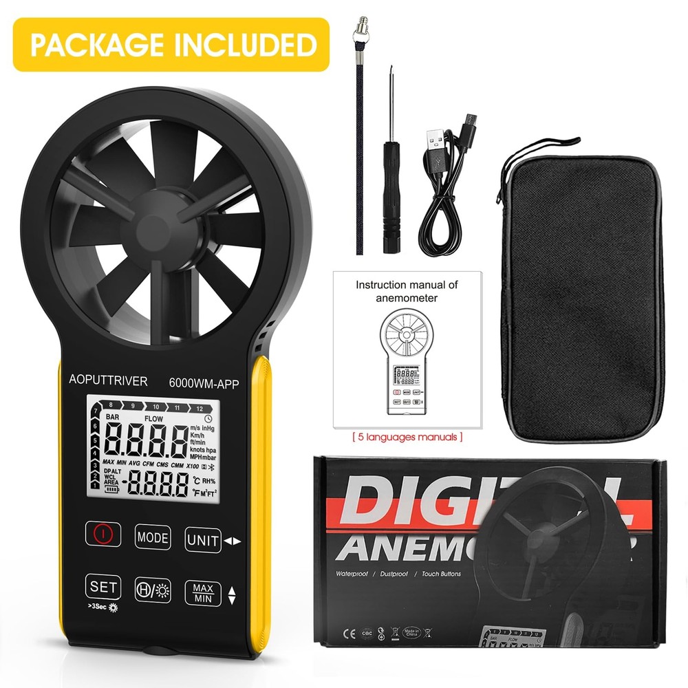 6000WMAPP Handheld Anemometer Digital Anemometer, CFM Anemometer with Temper...