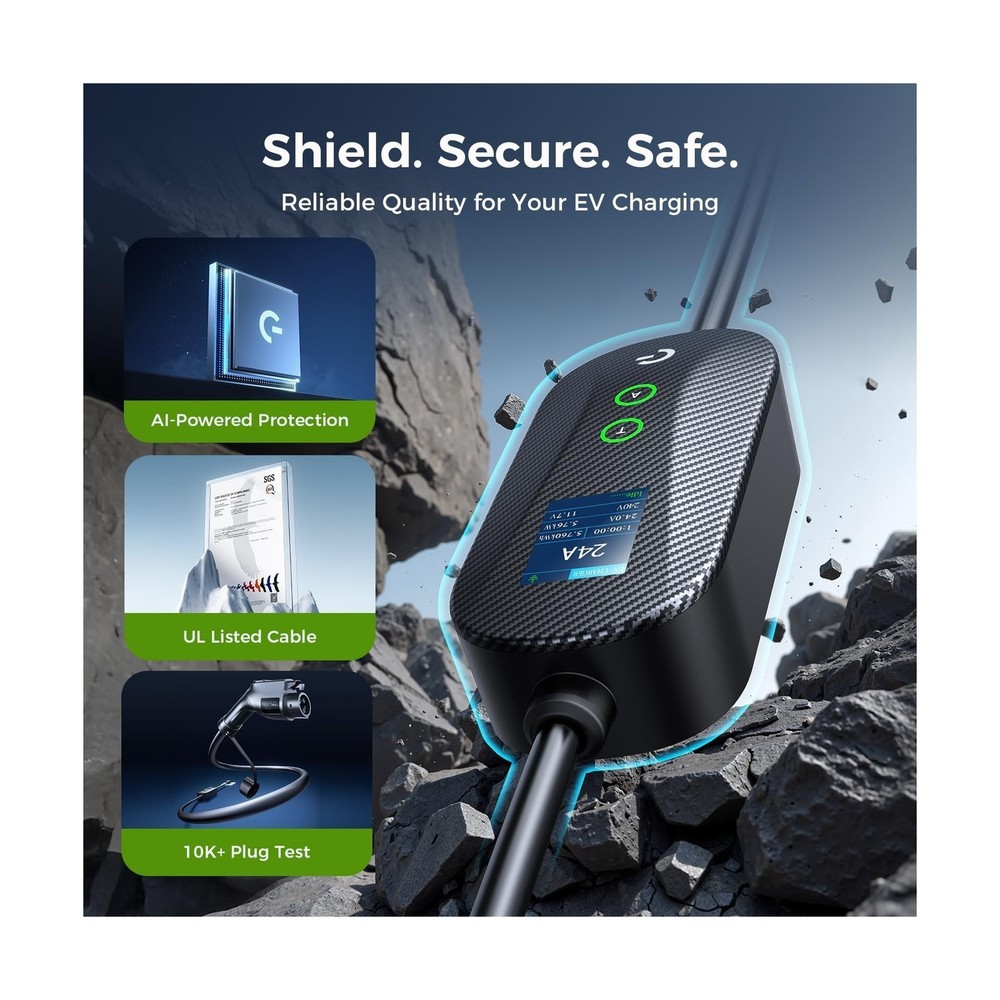 Carbon Fiber Level 2 EV Charger, 24A Adjustable Current/Timer/Smart Display, ...