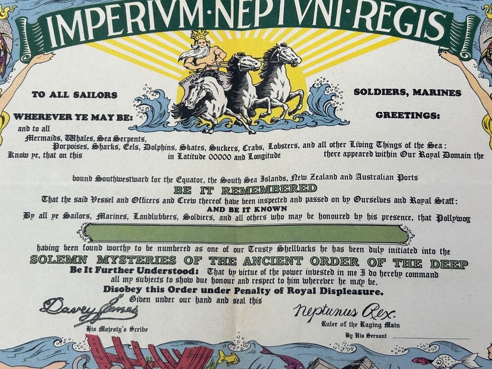 WWII 1943 US Navy Unused Shellback Certificate