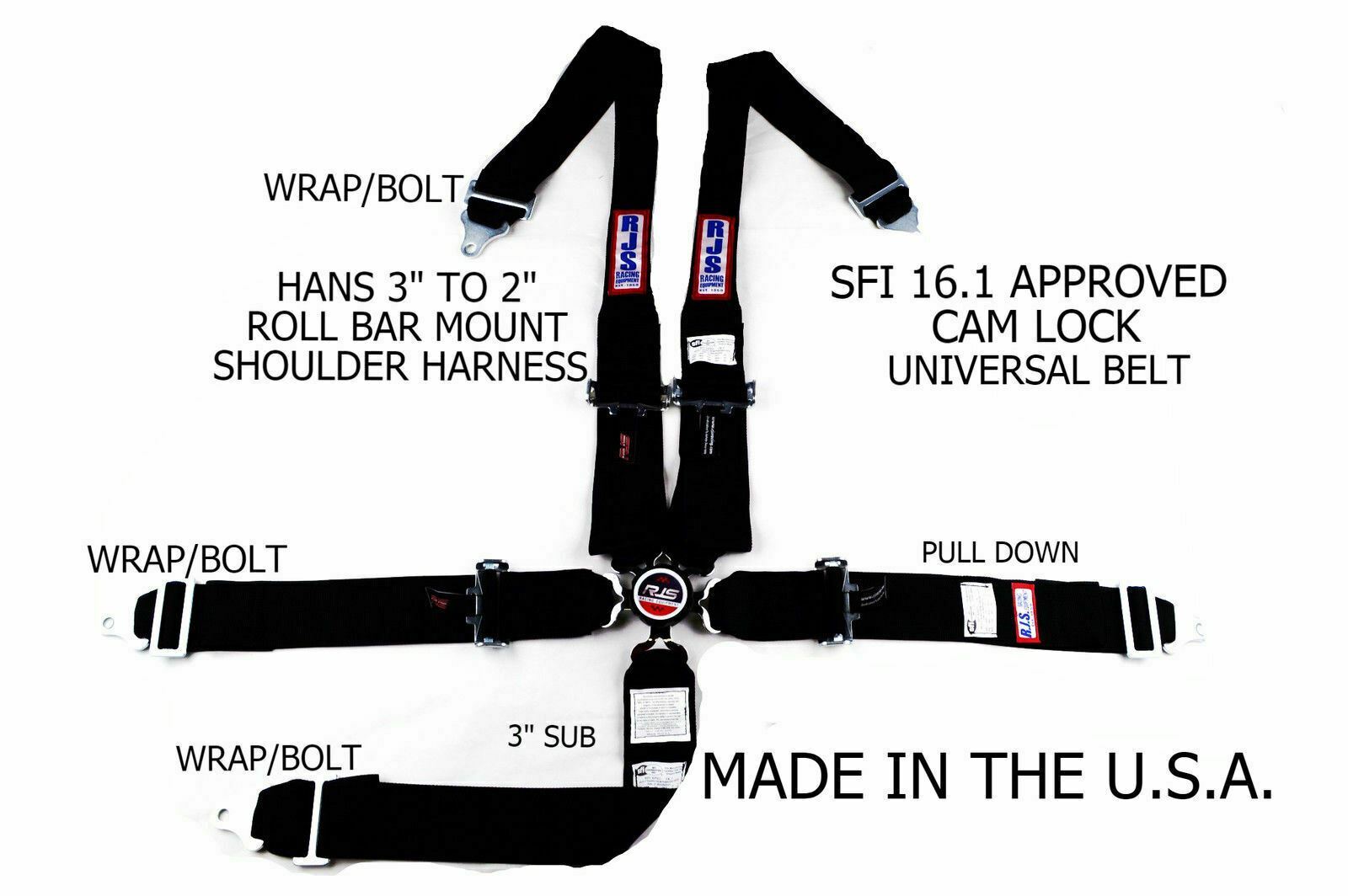 RJS RACING SFI 16.1 5PT HANS CAM LOCK ROLL BAR MOUNT BELT BLACK 1047201