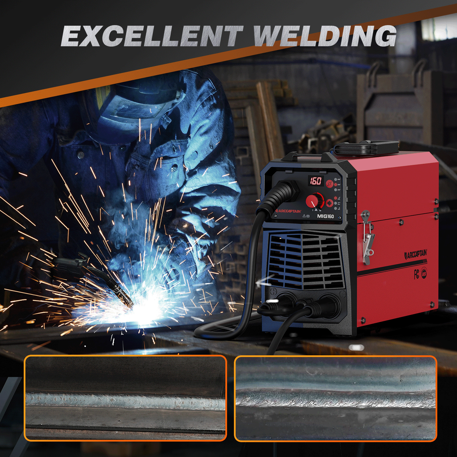 ARCCAPTAIN 160A MIG Welder 4 in 1 Welding Machine Gas MIG, Gasless MIG Flux Core