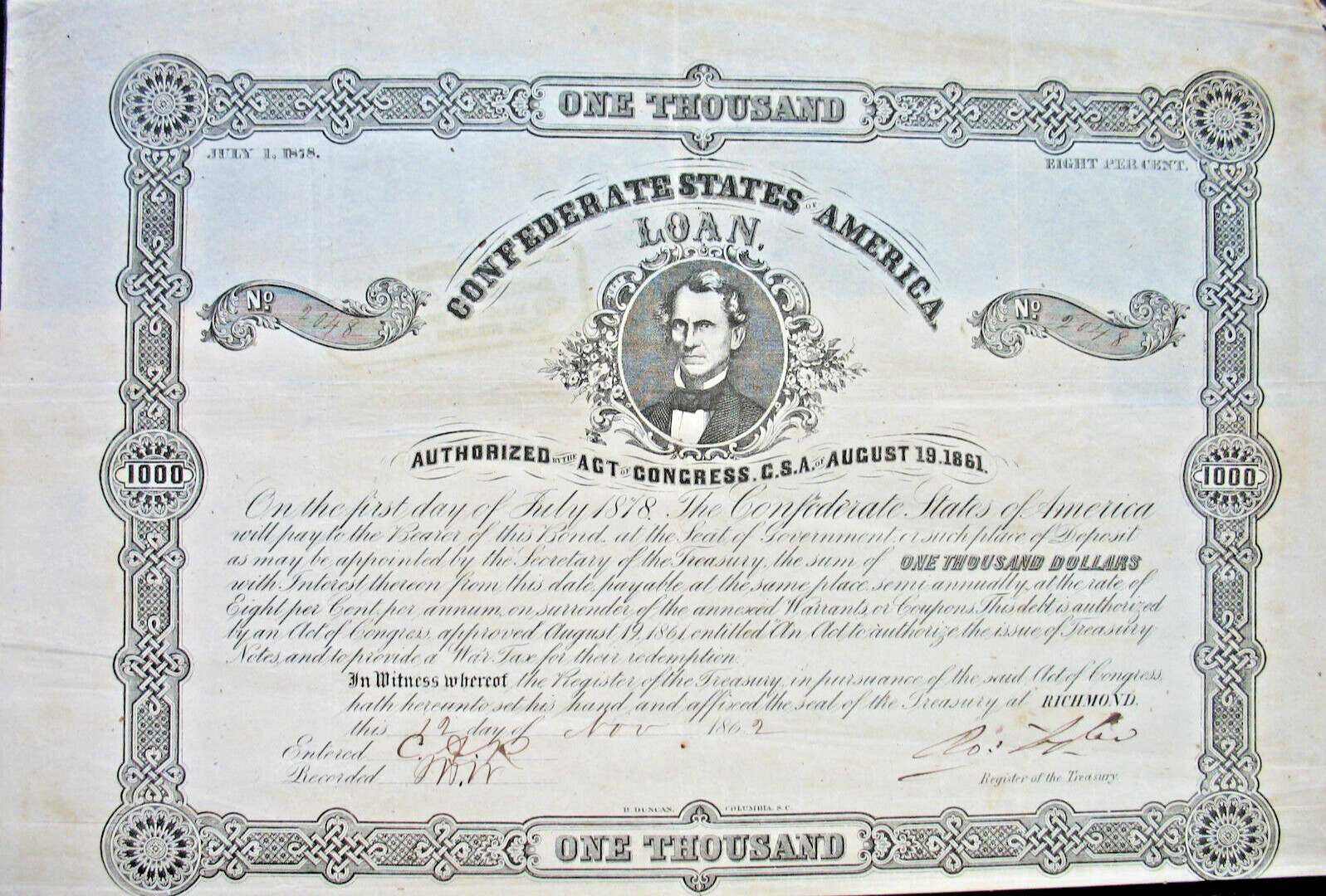 Confederate States of America $ 1000 loan + Cp Richmond 1862 USA Memminger CSA