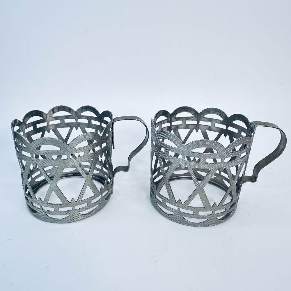 Vintage Pair Podstakannik Tea Glass Holders — Silver-Plated Openwork Cup Holders