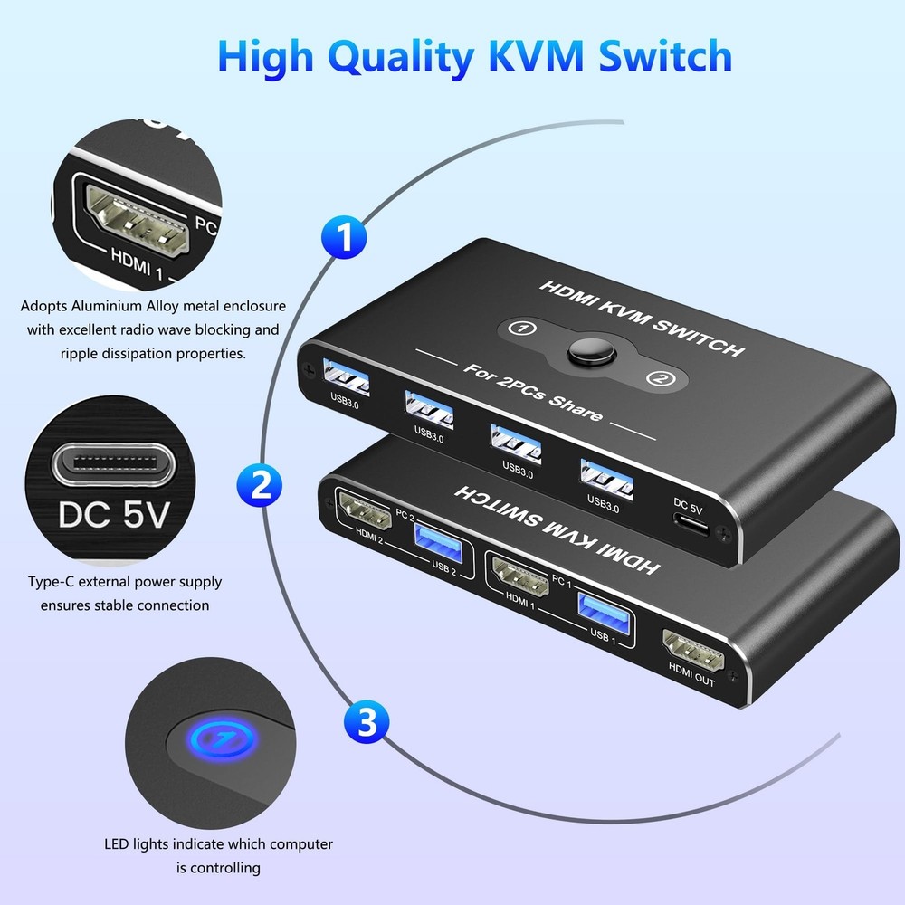 KVM Switch, KVM Switch 1 Monitors 2 Computers, HDMI Switch, 4K@60Hz KVM Switc...