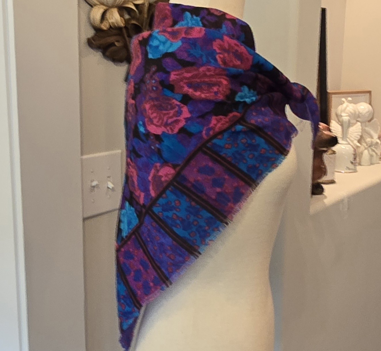 Vintage Glentex Japan Square Scarf Floral Stripes Blue Purple Pink 30x31 Inches