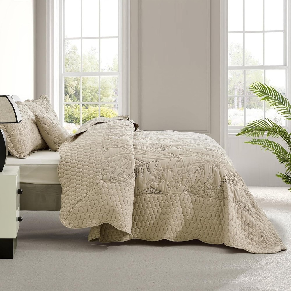 Botanical Oversized Bedspread Queen Size - Leaves Pattern Stitching Quilt Set...