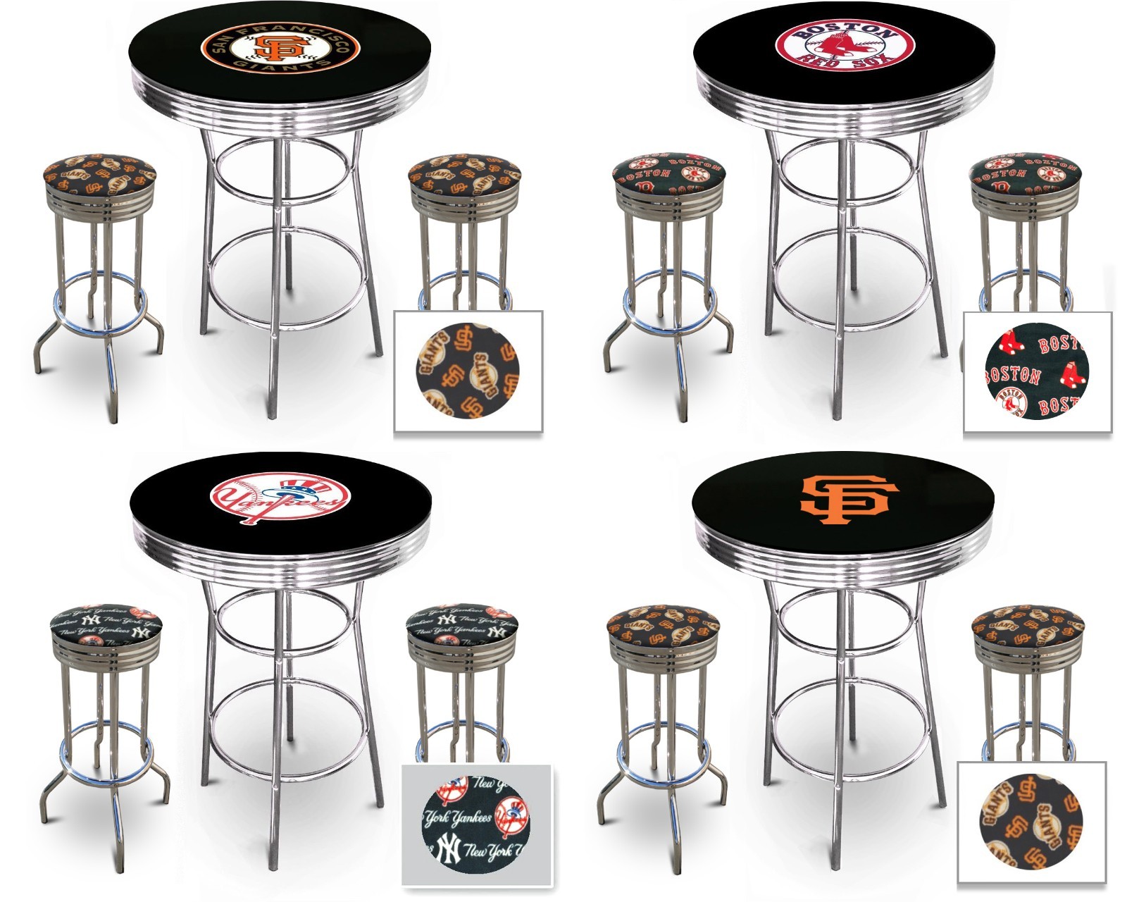 MLB Black Pub Bar Table Set w/Backless Swivel Seat Stools and a Glass Top Option