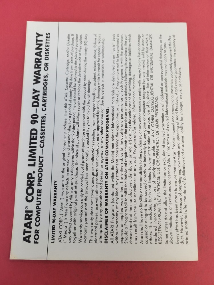 atari 90 day warranty insert