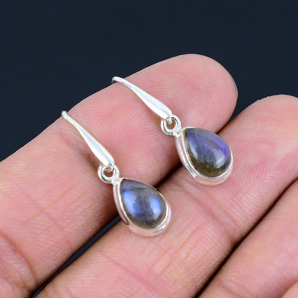 Natural Labradorite Gemstone 925 Sterling Silver Small Tiny Drop Dangle Earrings