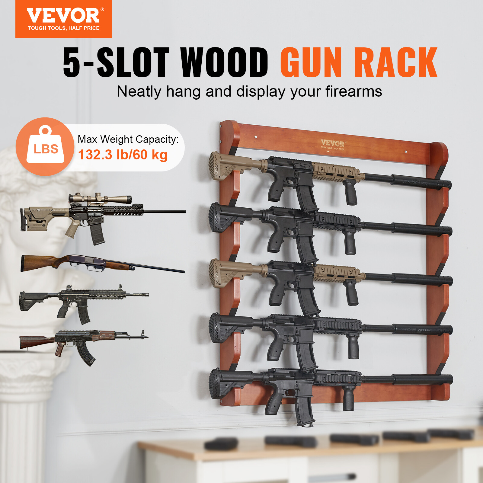VEVOE Gun Rack 5-Slot Wood Gun Rack Wall Mount Gun Display Rack holds 5 Rifles