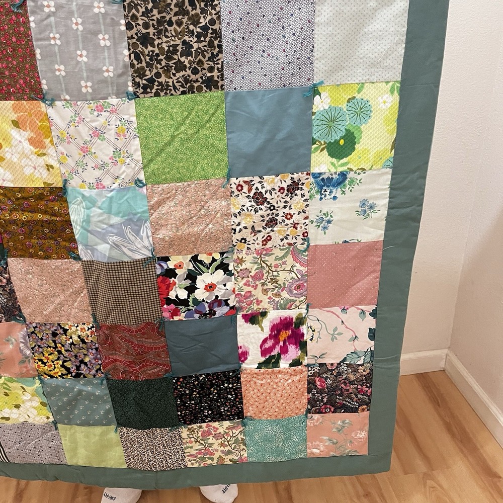 Handmade Patchwork Quilt Throw Lap Blanket Floral Teal Green