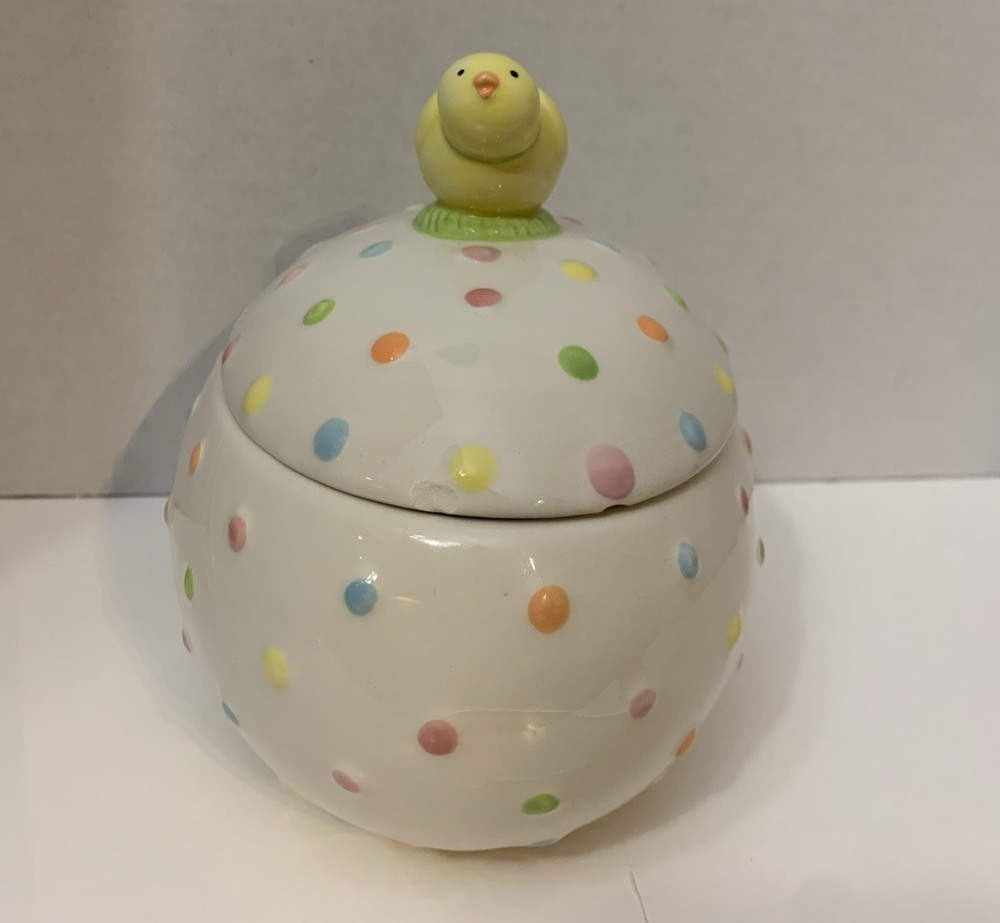Hallmark Easter Chick on Pastel Polka Dot Egg Ceramic Dish w/ Lid