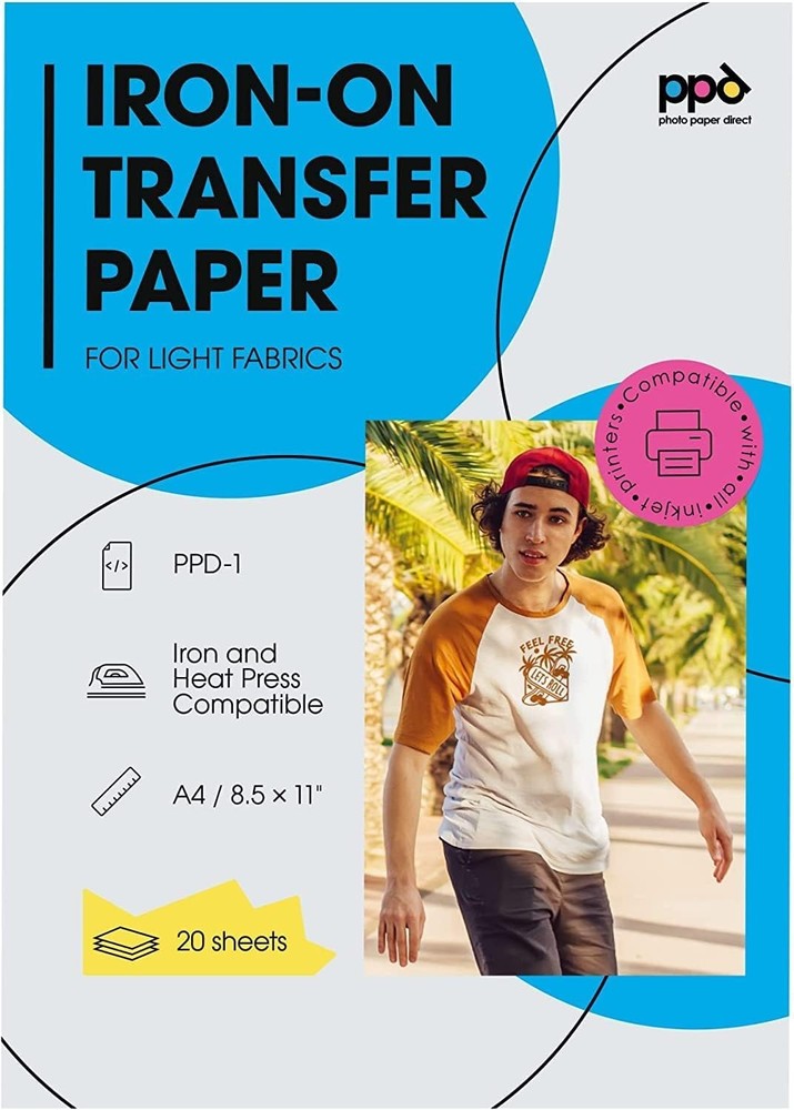 PPD Iron on Transfer Paper for Inkjet Printer 20 Sheets (8.5 x 11), Light