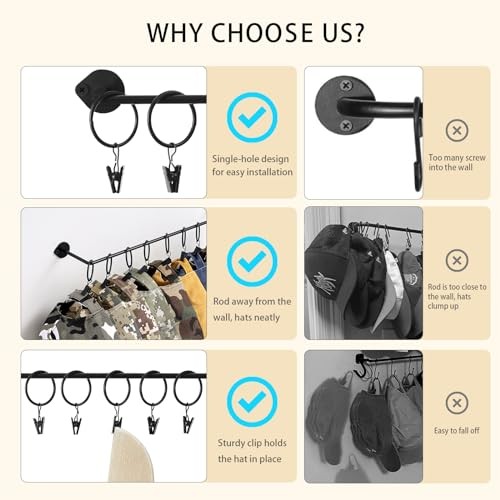 Hat Rack for Baseball Cap Hat Storage with 20 Hooks - Modern 2-Pack Black