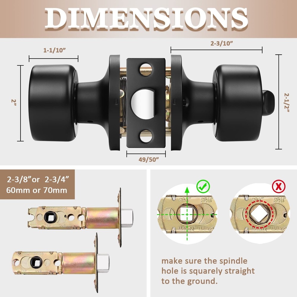 knobelite 3 Pack Door Knobs Privacy Function Keyless Lock Black Interior Roun...