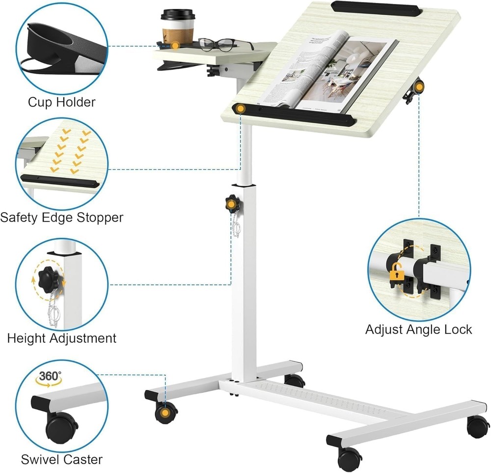 Height Adjustable Rolling Laptop Stand, Overbed Table with 2 Tilting Desktops...