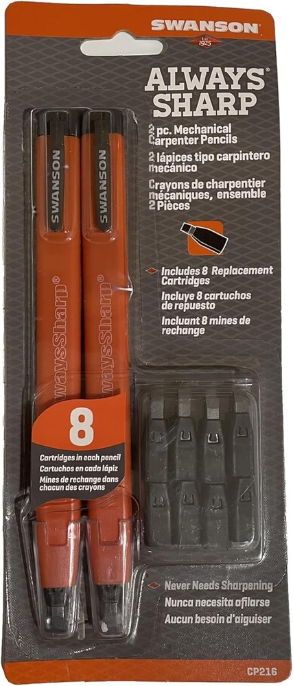CP216 AlwaysSharp Refillable Mechanical Carpenter Pencil, Two Pack, with 8 More