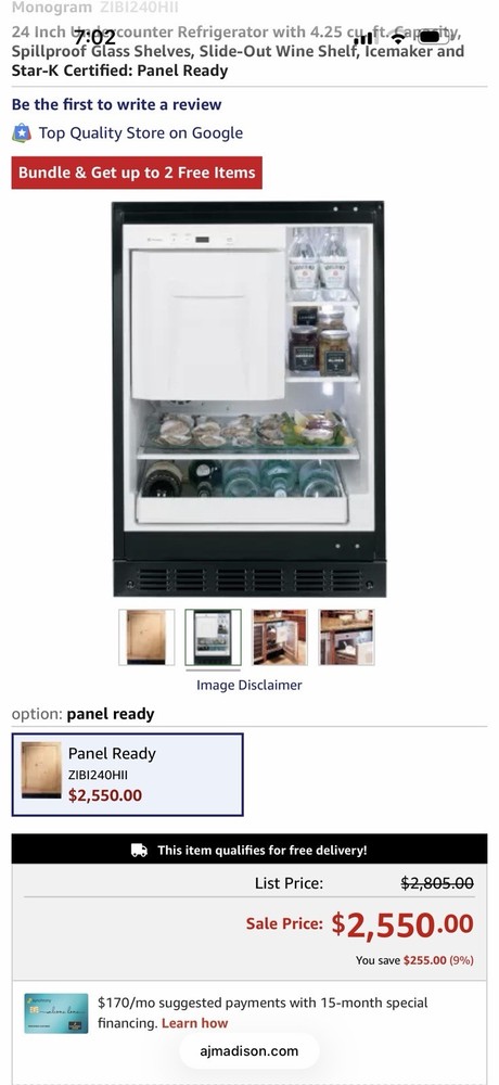 GE Monogram ZIFI240HII 24" Panel Ready CD Under Counter Refrigerator
