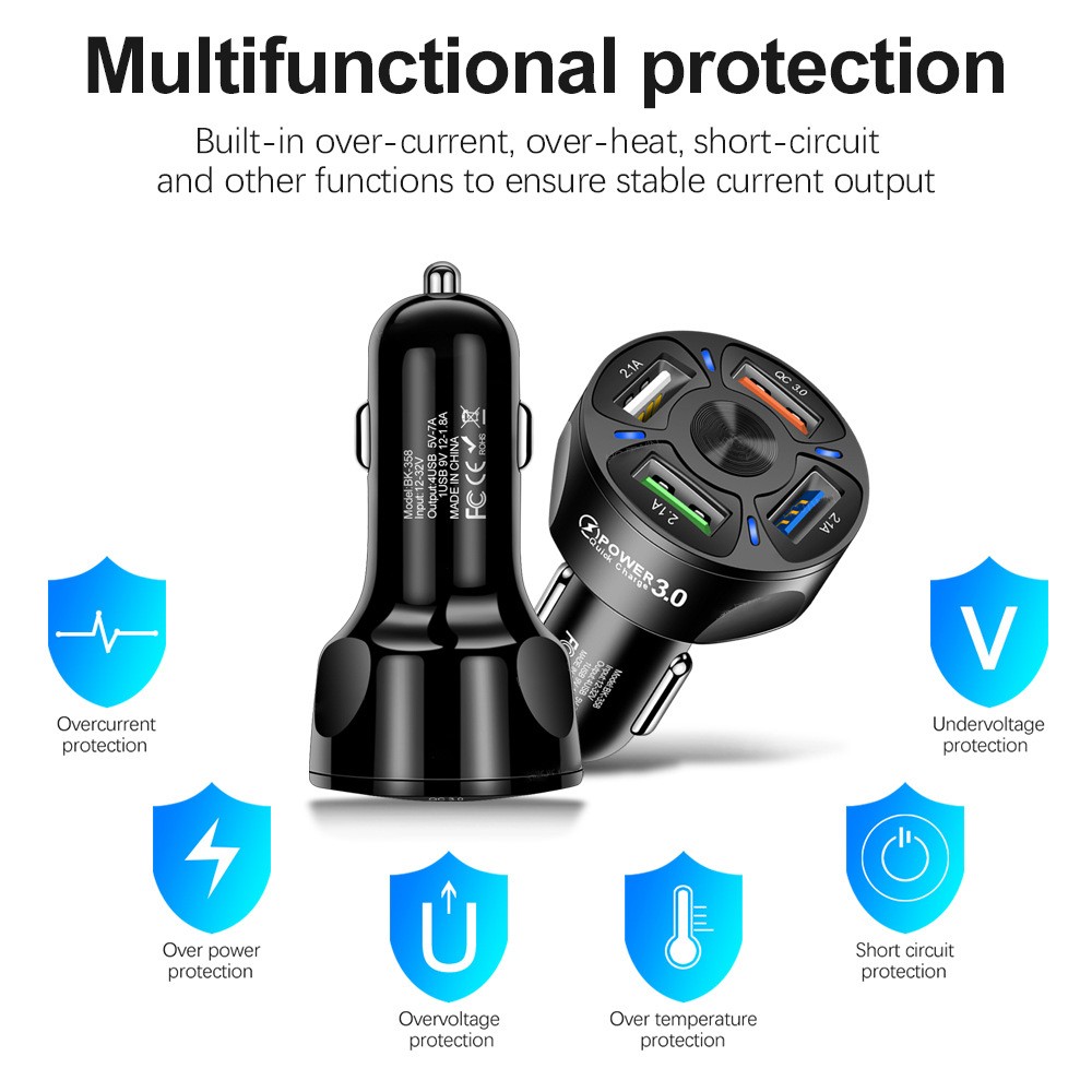 2 Pack 4 Port Car Charger Adapter Fast Charging Plug for Samsung Android iPhone