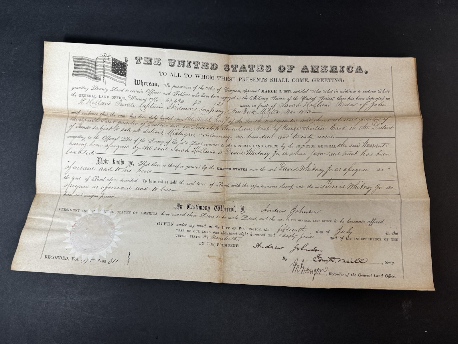 Original 1865 Andrew Johnson Civil War Land Grant 120 Detroit MI David Whitney