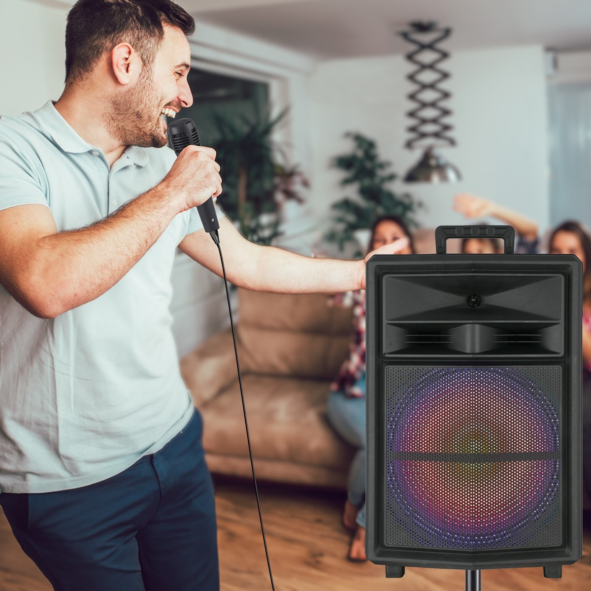 15" 10000W Bluetooth Party Speaker with Heavy Bass LED Lights Wireless Mic Stand