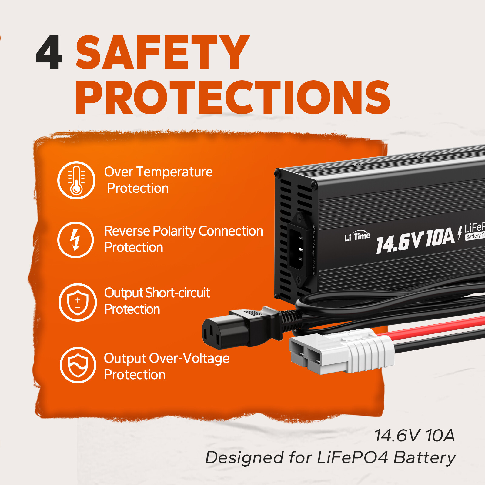 LiTime14.6V 10A AC/DC LiFePO4 Battery Smart Charger High Charging Efficiency