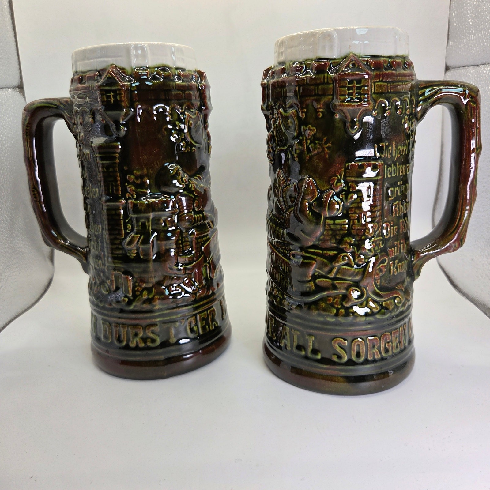 Vintage German Style Beer Steins Pair Signed “Sam :)” 8.5” Brown Glaze