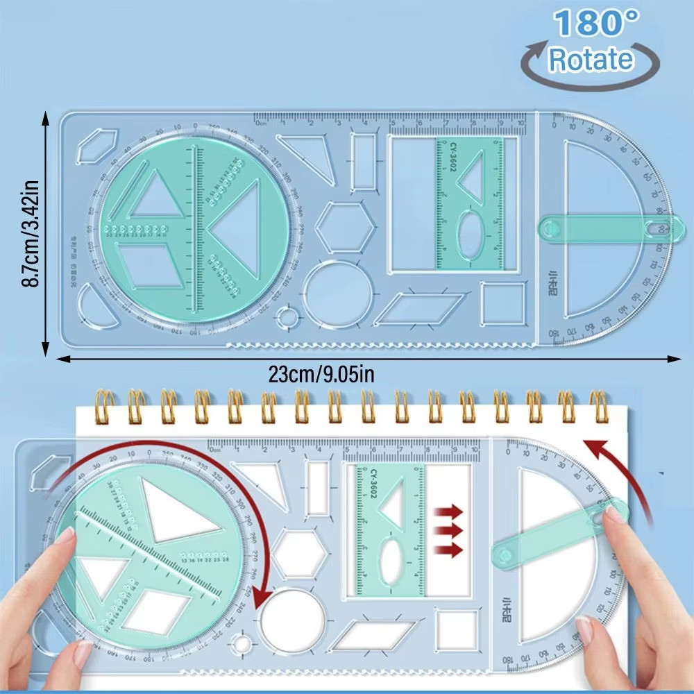 Rotary Multi-Function Geometry Ruler & Protractor | Precision Math Drawing Tool