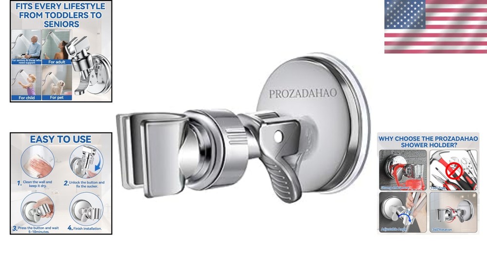 Stylish Silver Shower Head Holder with Strong Suction Cup - Adjustable Height
