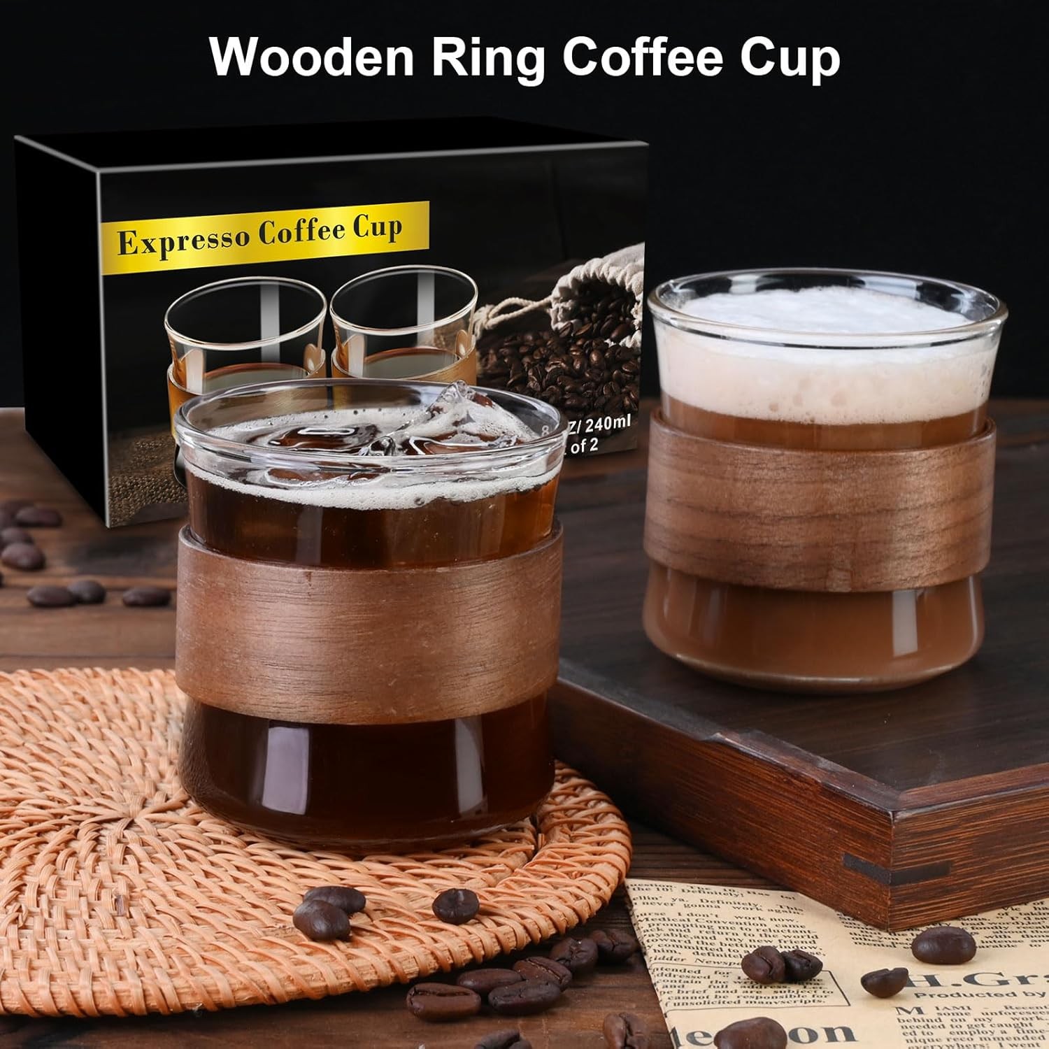 Espresso Cups Set of 2 with Wooden Ring, 8 OZ High Borosilicate Espress