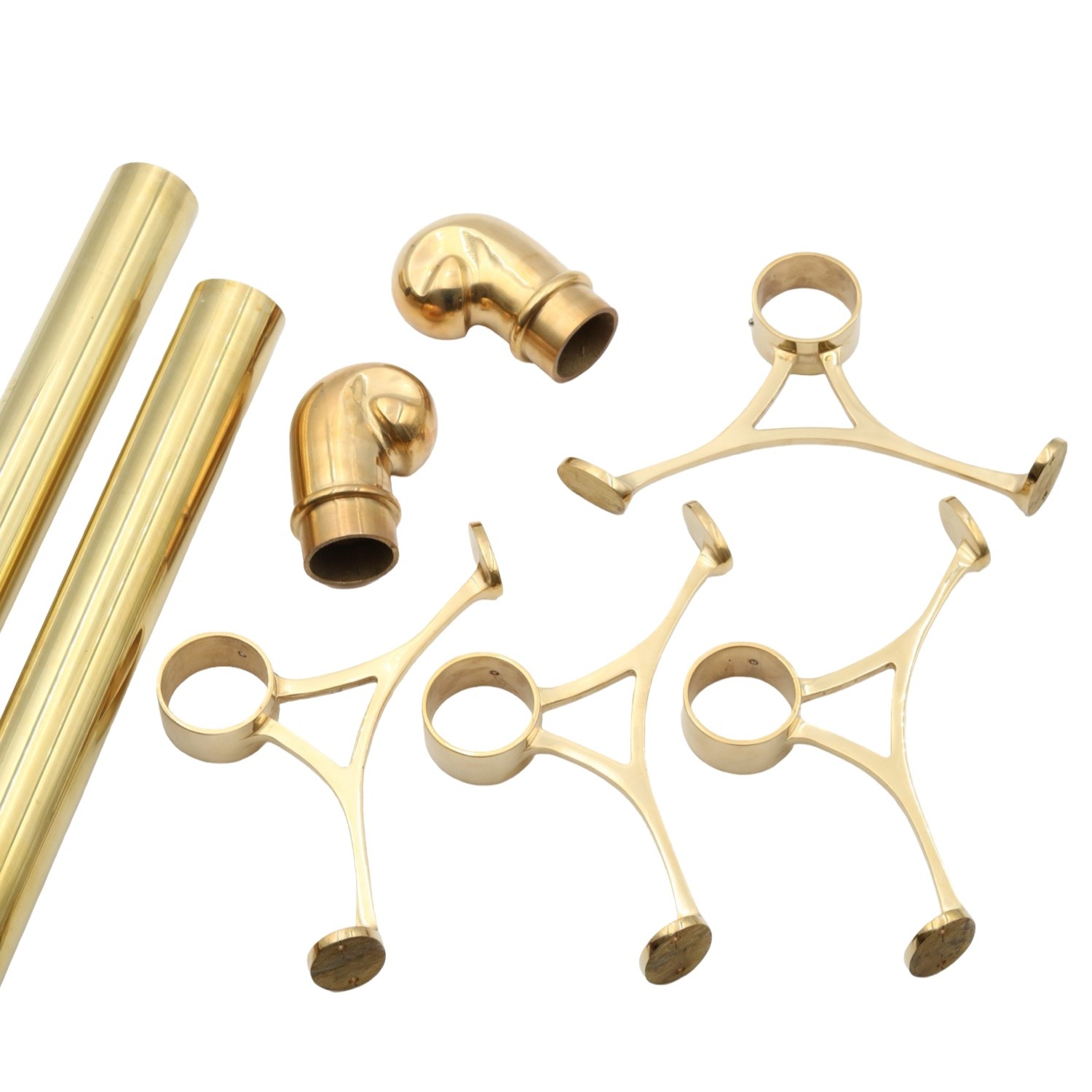 8 Foot Long Brass Bar Rail Kit 2" Diameter w Four Brackets and Two scroll Ends