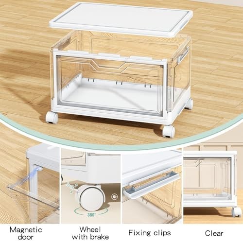 Clear Storage Bins with Lids - 4-Tier Stackable Plastic Bins with Wheels, 23 QT