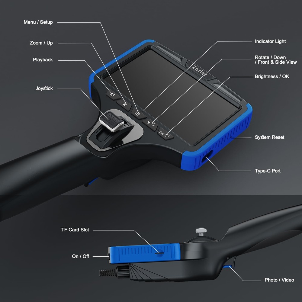 Two-Way Articulating Borescope Camera with Light, Industrial Endoscope Inspec...